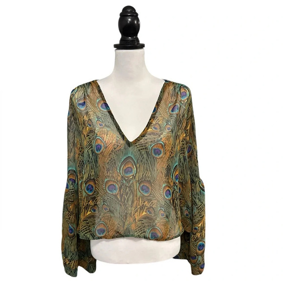 Show Me Your MuMu Tops - Peacock print sheer blouse - size M/L